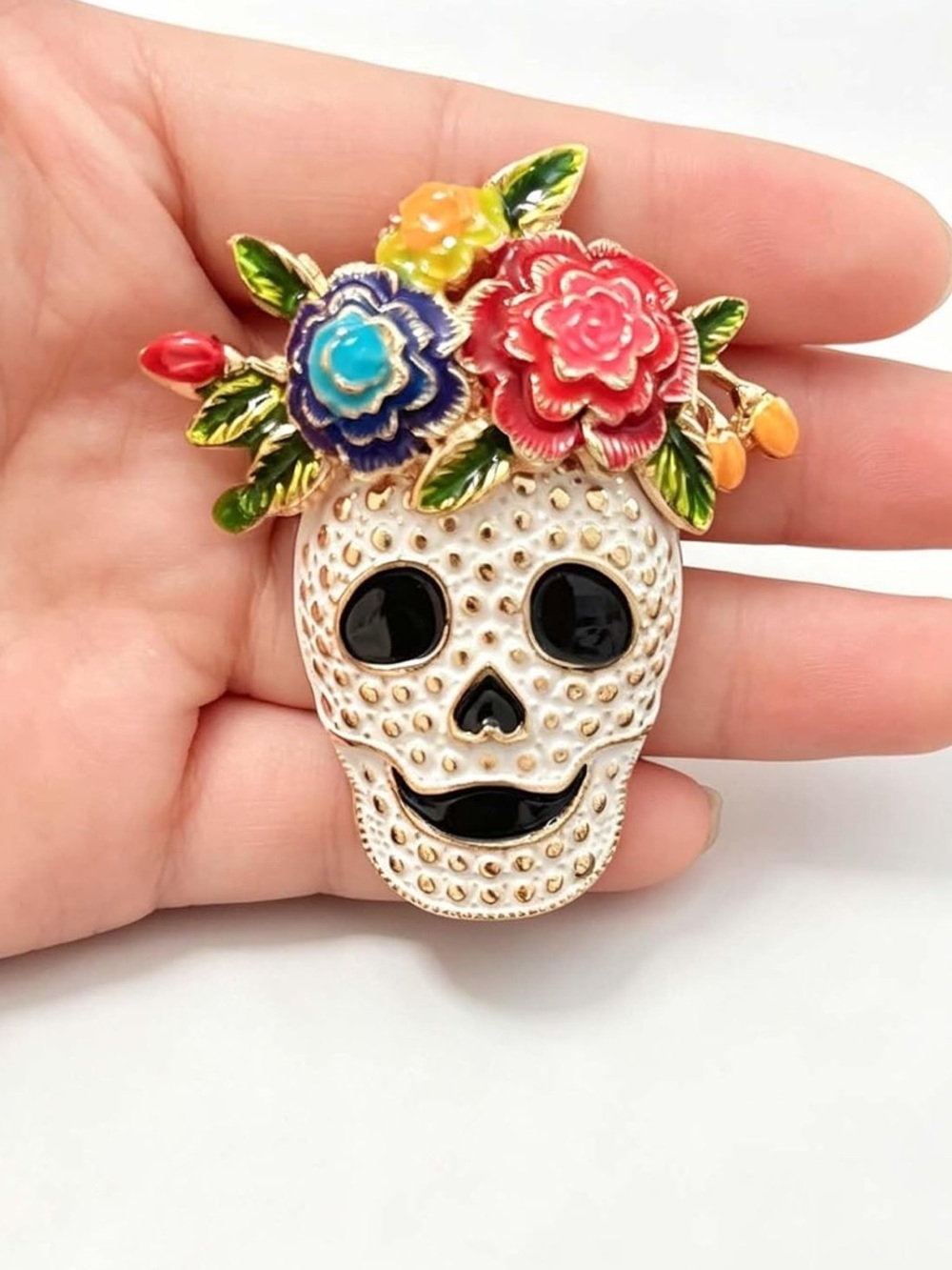 Anthropologie White Enamel Skull Brooch with Multicolor Floral Crown